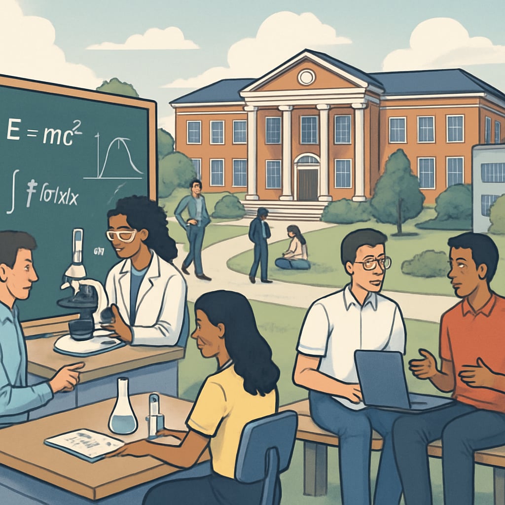 University campus with STEM-focused students discussing academic subjects like math and science.
