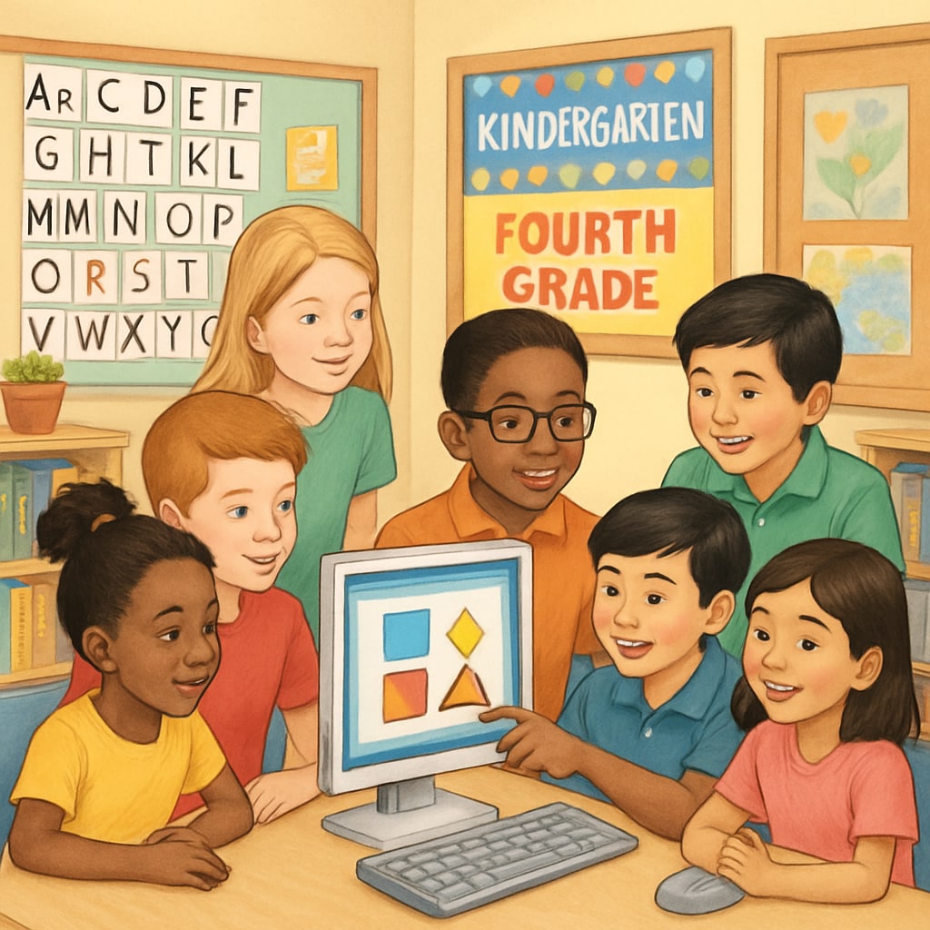 A group of kindergarteners and fourth graders working together on a computer-based activity in a classroom setting. Kindergarten and fourth-grade students collaborating on a computer project.