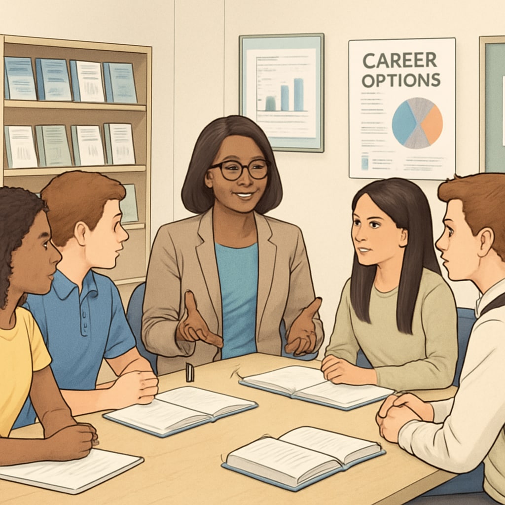 High school students reviewing career pathways, balancing passion and practicality in major selection.