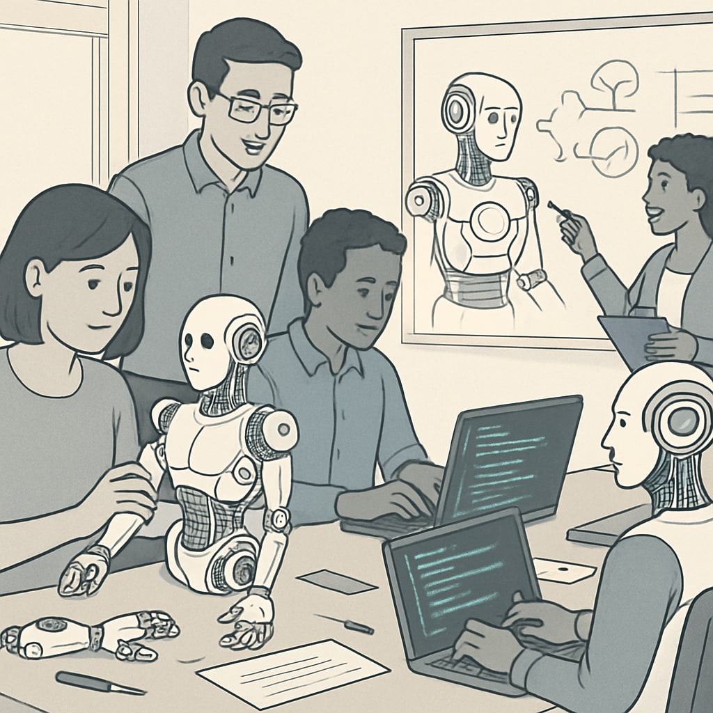 Engineers and programmers collaborating on AI-powered designs.
