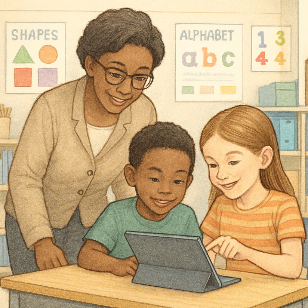An educator observing a kindergarten and fourth-grade student pair collaborating on a digital storytelling project. Teacher supervising a kindergarten and fourth-grade student team during a storytelling activity.