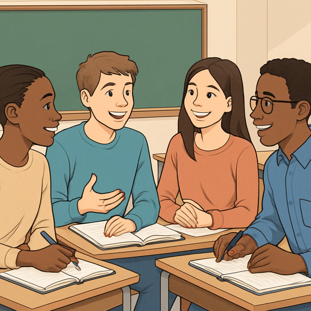 Students engaged in a group discussion, showing the benefits of respect in education.