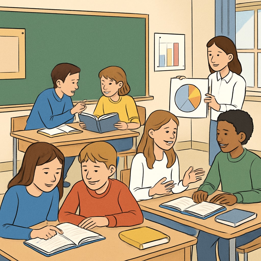 A classroom setting where students are engaged in collaborative learning activities. The image highlights the importance of interaction and teamwork in effective learning methods. Students collaborating in a classroom, illustrating learning methods survey.
