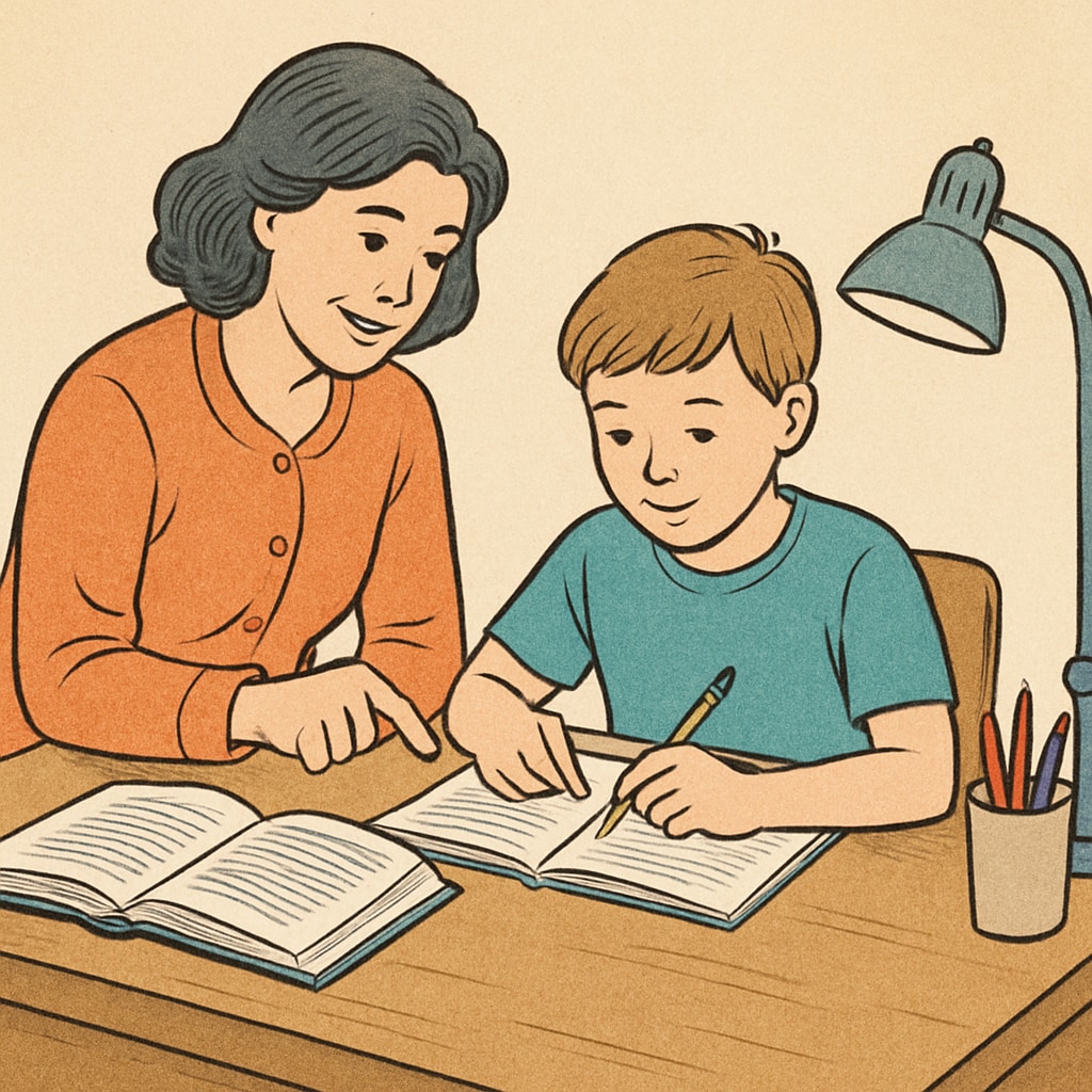 A parent assisting their child with homework at a study desk. The image signifies the role of parental support in a child's education. A parent helping their child study, representing learning methods questionnaire.