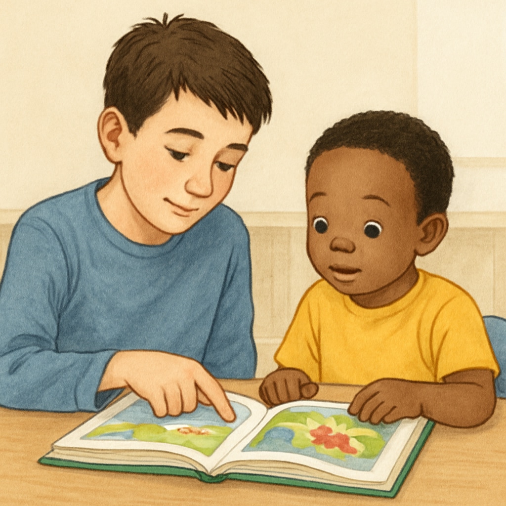 An older elementary student helping a kindergartner read a colorful picture book during a buddy program. Fourth grader reading a picture book to a kindergarten buddy, promoting inclusive activities.