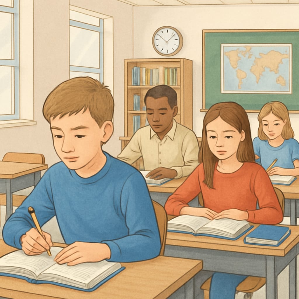 A classroom setting where students are focused on their studies without phones visible. The environment highlights a distraction-free learning space. Students studying in a phone-free classroom environment.