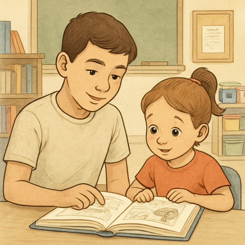 A young fourth-grade student helping a kindergartener read a storybook during a buddy program. The image reflects the literacy-focused aspect of the buddy program. Fourth grader assisting kindergartener with reading during buddy program