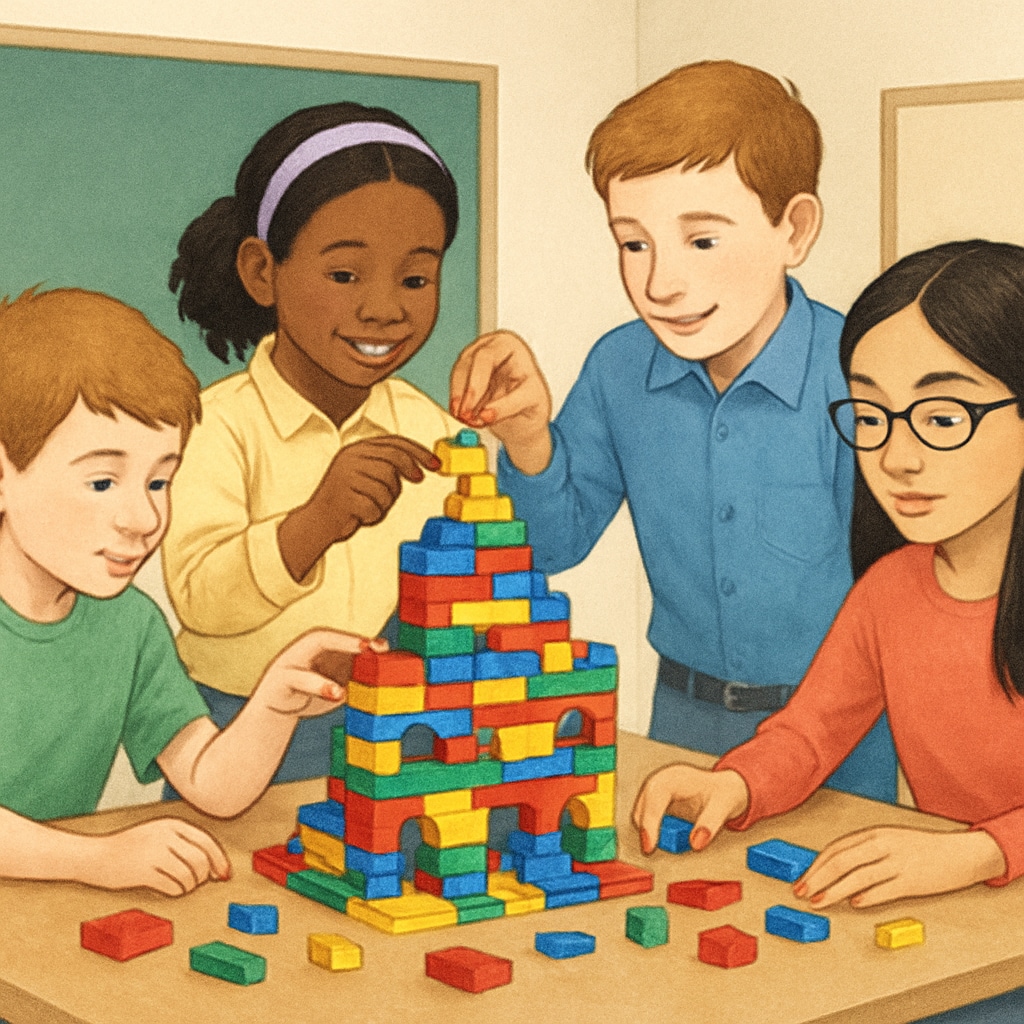 Students of different ages working together to build a colorful LEGO structure on a classroom table. Kindergarten and fourth-grade students collaborating on a LEGO project as part of a buddy program.