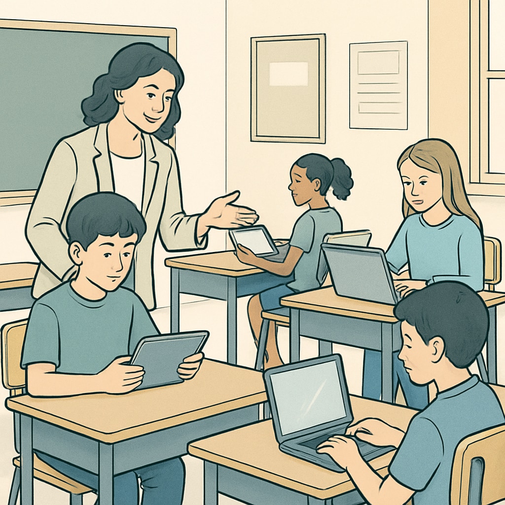 Students using tablets or laptops in a classroom, demonstrating technology integration for learning purposes. Students using digital devices for educational purposes in a classroom.