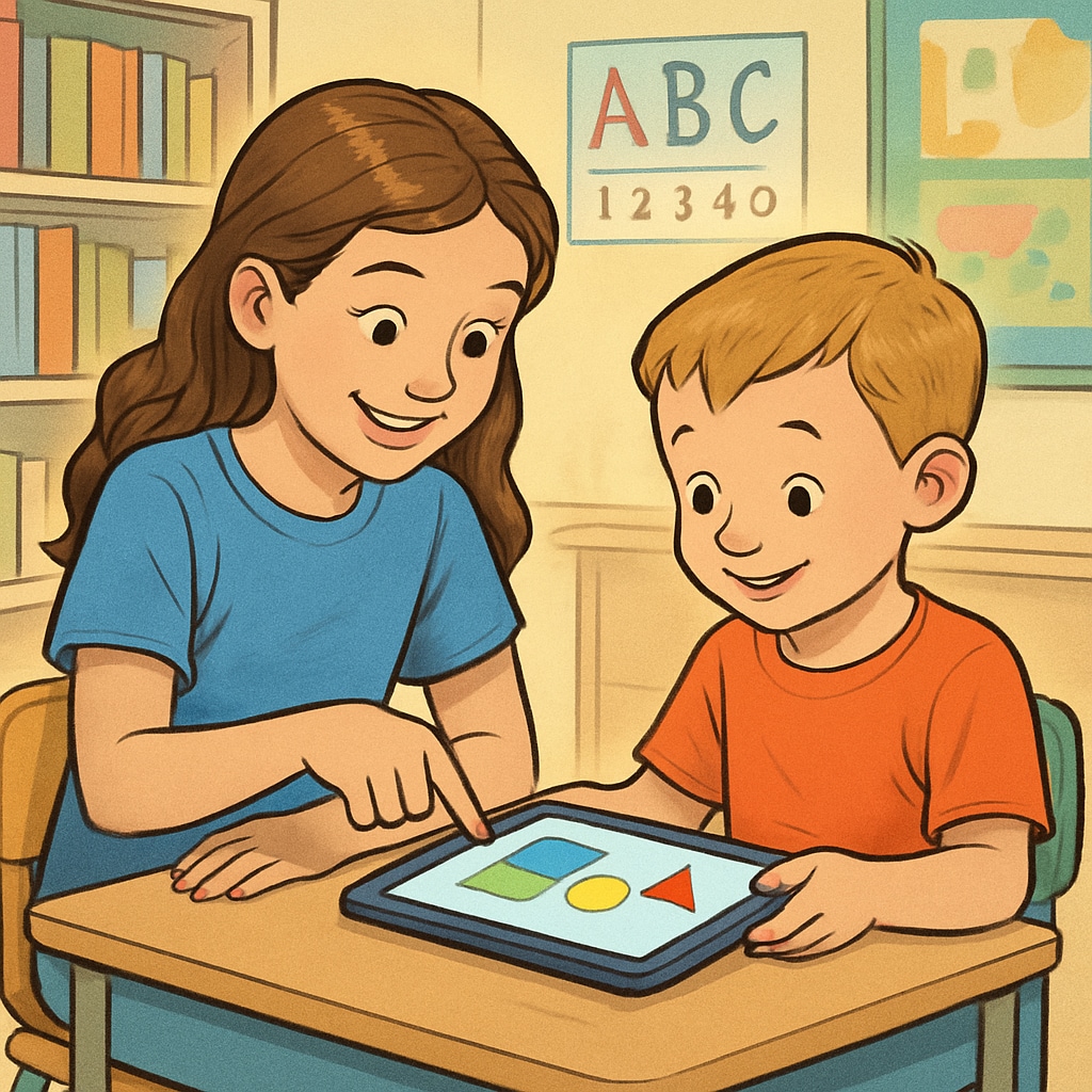 A fourth grader teaching a kindergartener how to use a simple educational app on a tablet. The image highlights the importance of computer skills sharing in the buddy program. Fourth grader mentoring kindergartener on educational app usage