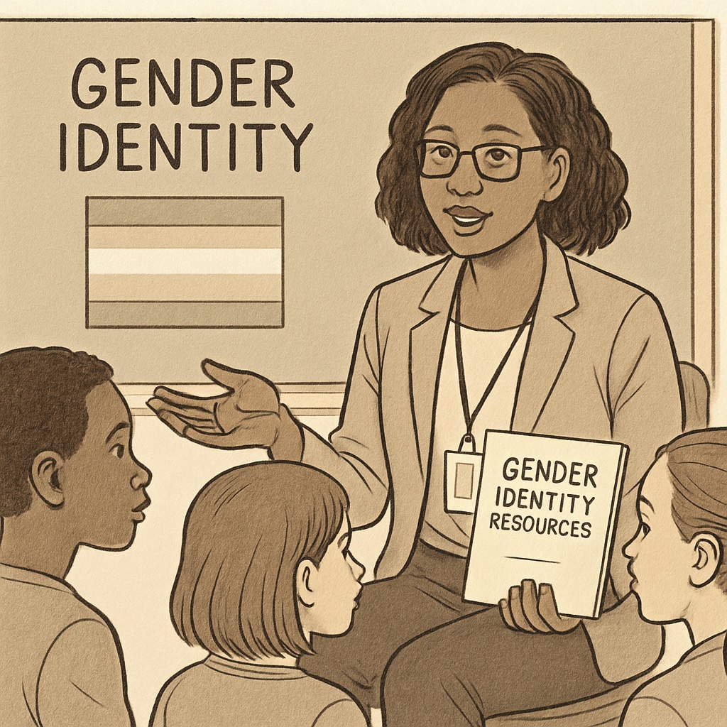 School counselor providing resources for transgender students in an inclusive setting.