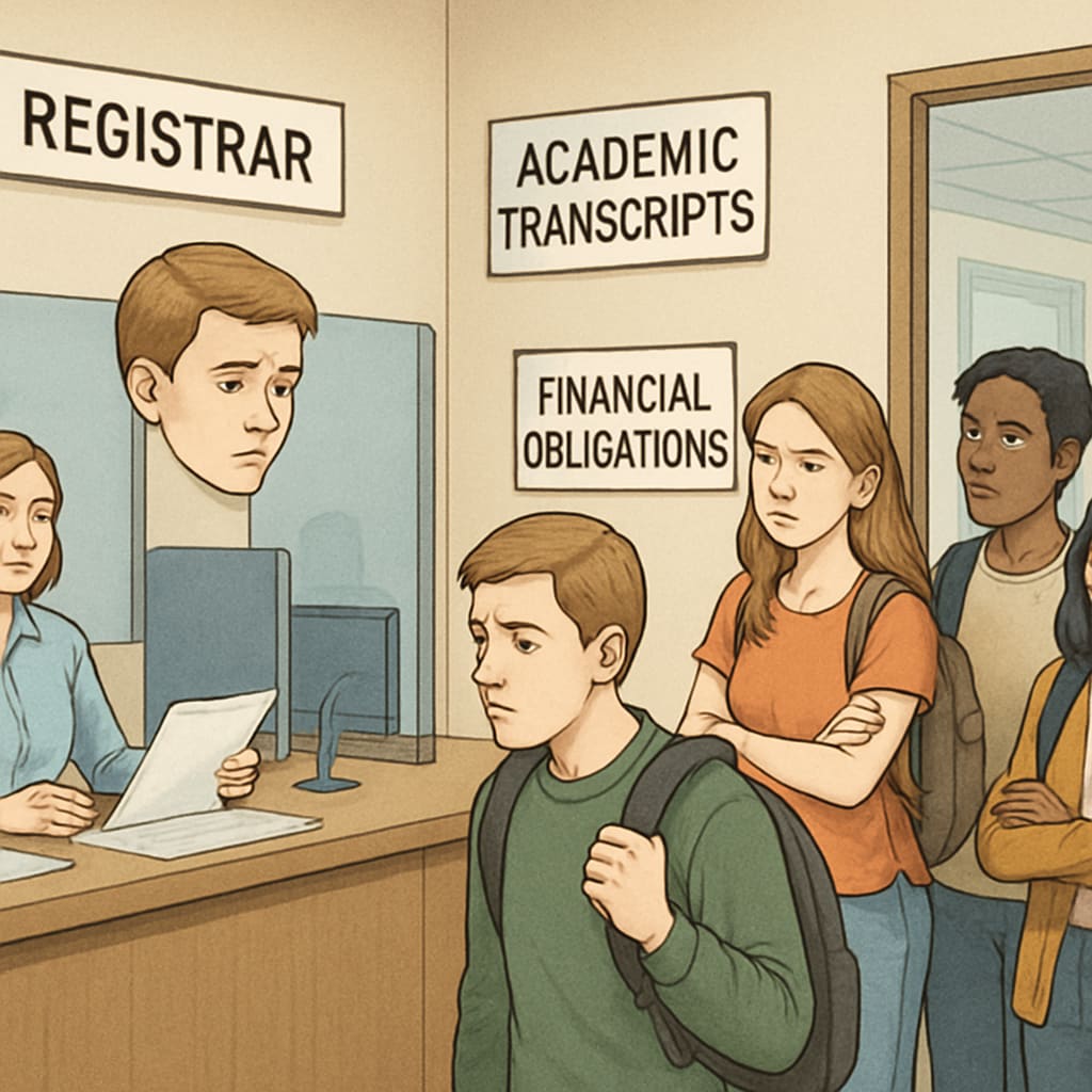 Students waiting at a registrar's office, highlighting transcript access and outstanding balances.