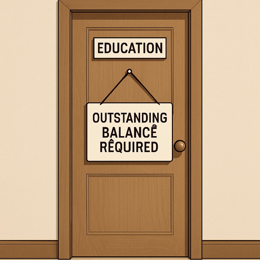 A closed door representing blocked educational opportunities due to outstanding balances.