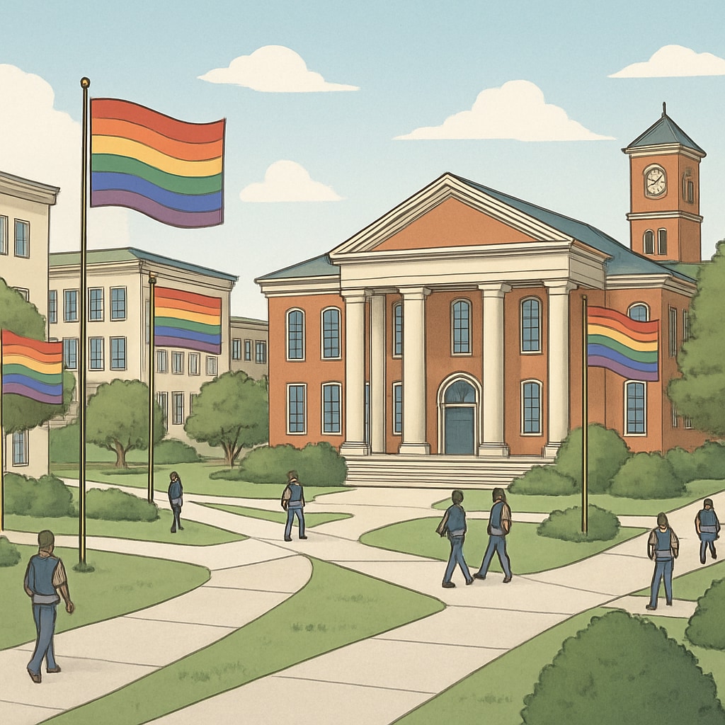 University campus with LGBTQ+ inclusivity symbols.