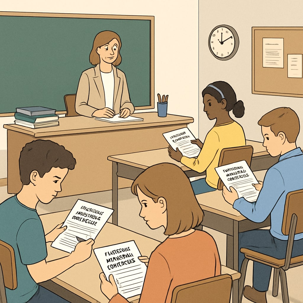 A classroom with students filling out questionnaires on effective learning methods. Students in a classroom completing surveys about effective learning methods.