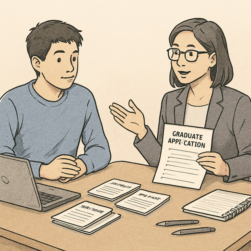 A student discussing graduate applications with a consultant, surrounded by brochures and a laptop. Student planning US master’s degree with a study abroad consultant.