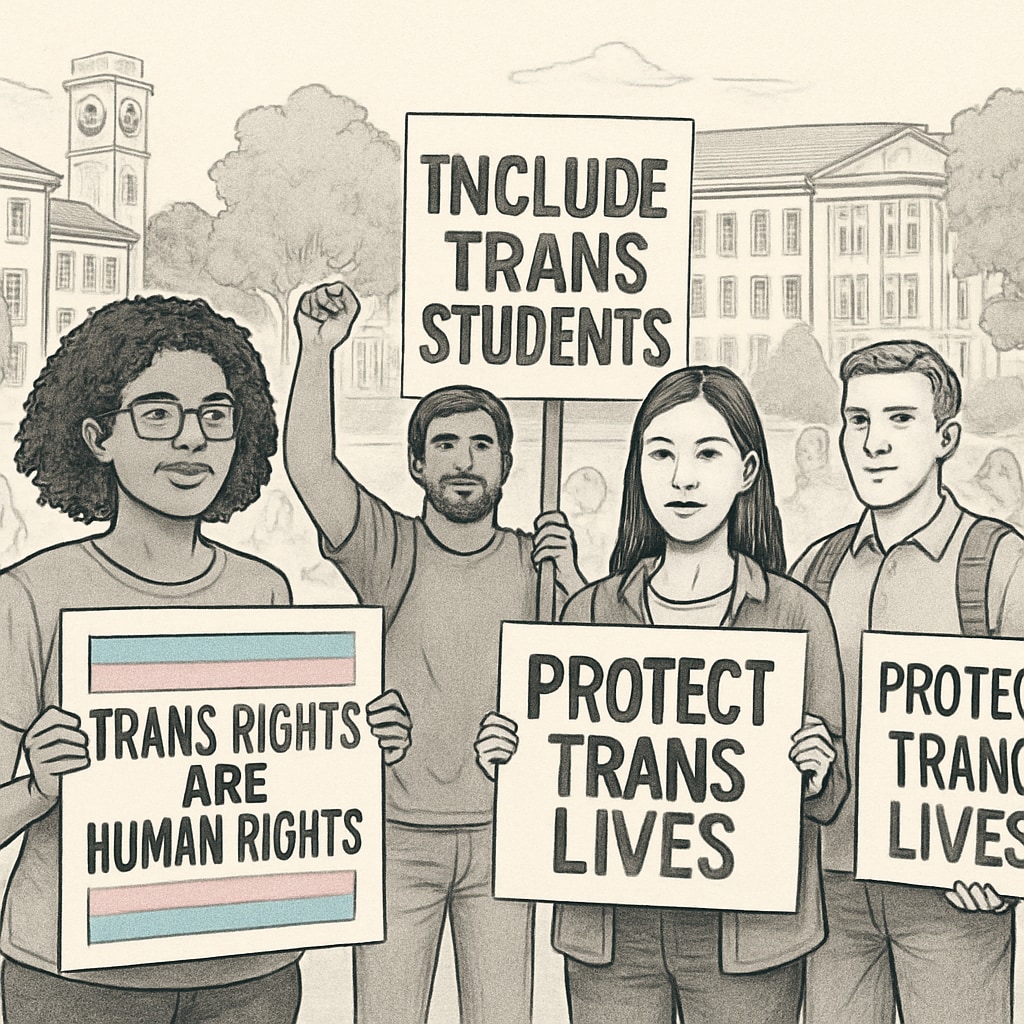 Protest advocating for transgender rights at a university.