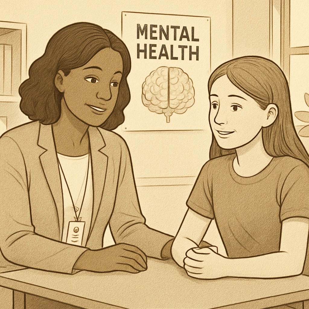 A school counselor speaking with a student in a supportive environment, highlighting mental health awareness. School counselor supporting transgender student in affirming environment.