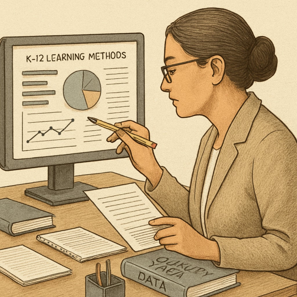 An educator analyzing survey data on a computer screen for patterns in K12 learning methods. Teacher studying graphs and charts derived from survey responses about K12 learning strategies.
