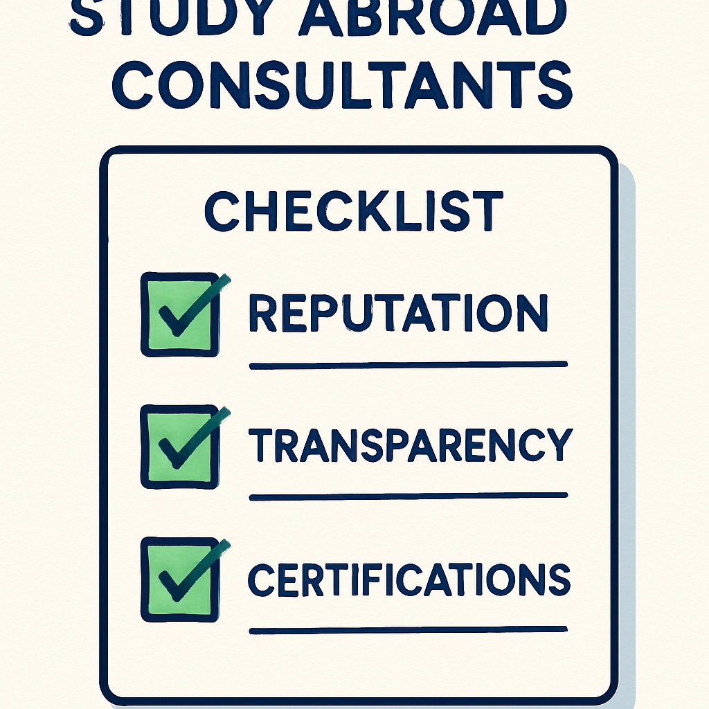 A checklist outlining important criteria for selecting study abroad consultants, including reputation, transparency, and certifications. Checklist for evaluating study abroad consultants for US master’s programs.