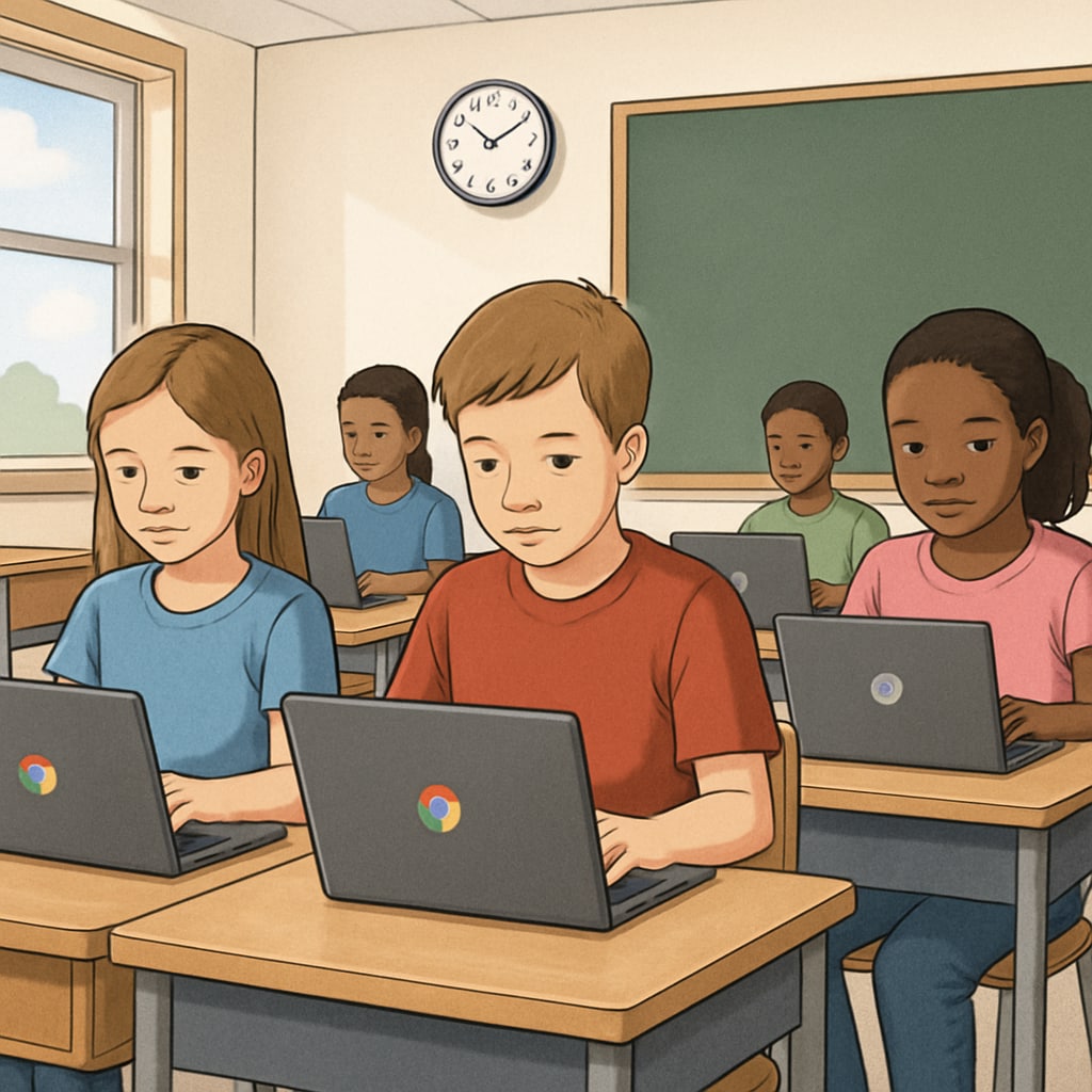 A classroom setting with students using Chromebooks, highlighting the integration of technology in education. Students using Chromebooks in a classroom, demonstrating EdTech integration.