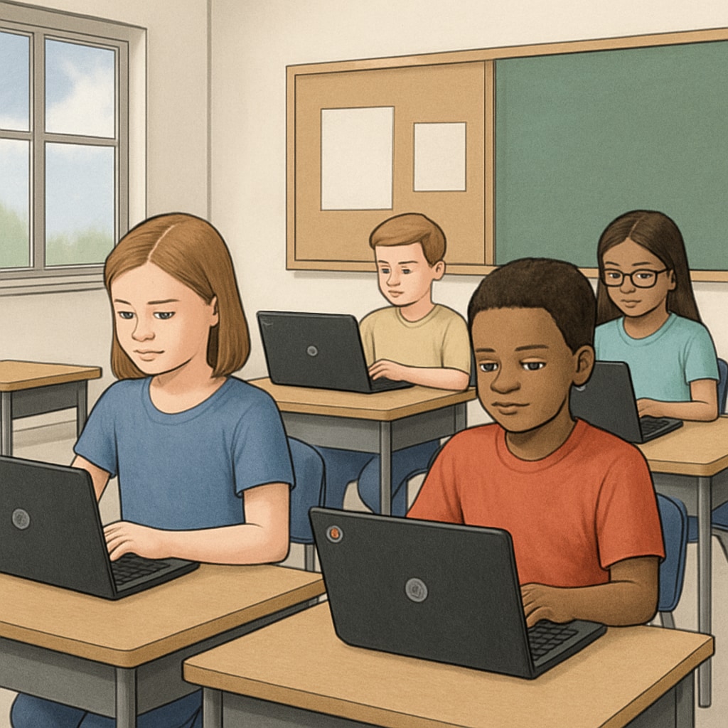 Students using Chromebooks in a classroom, highlighting EdTech's role in learning.