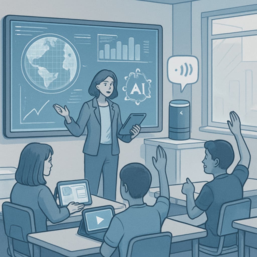 A futuristic classroom where a teacher uses AI tools like smartboards and voice assistants to interact with students. AI tools assisting a teacher in a classroom.