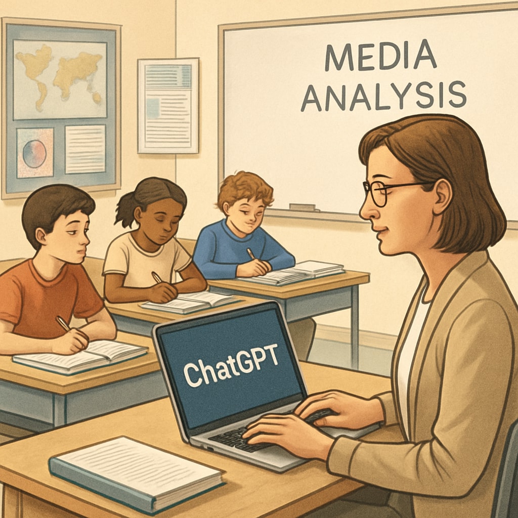 A teacher using ChatGPT on a laptop in a classroom setting to guide students through media analysis exercises. Teacher using ChatGPT for media literacy exercises in a classroom.