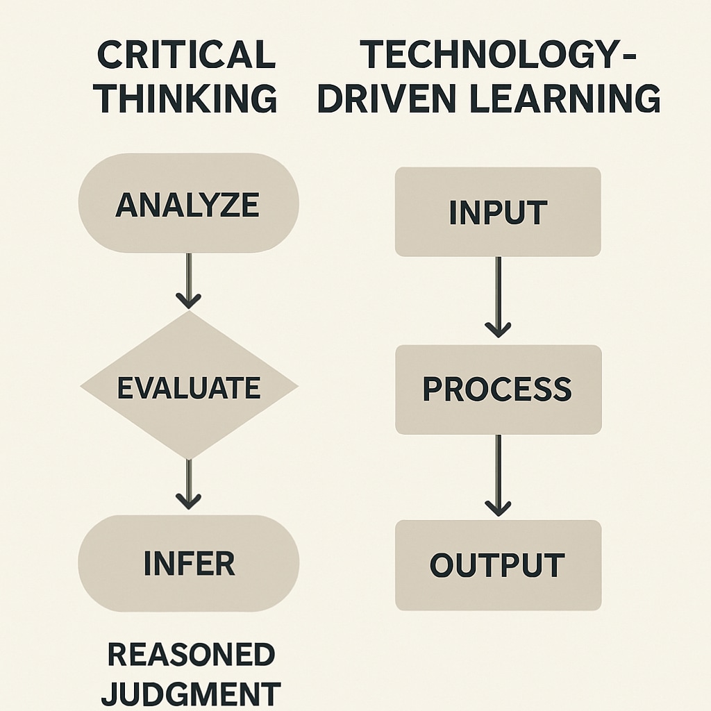 An infographic showing the cognitive process of critical thinking versus the linear process of technology-driven learning. Infographic contrasting critical thinking processes with technology-driven learning.