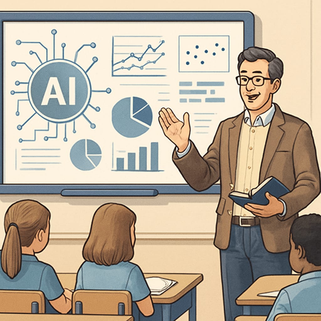 A teacher conducting a lecture with a smartboard displaying AI-generated analytics for students. Teacher using AI-powered tools in a classroom.