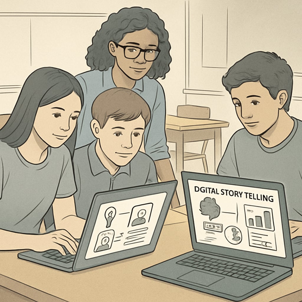 High school students collaborating on a digital storytelling project, using laptops and AI tools to create infographics. High school students working on AI-assisted storytelling projects.