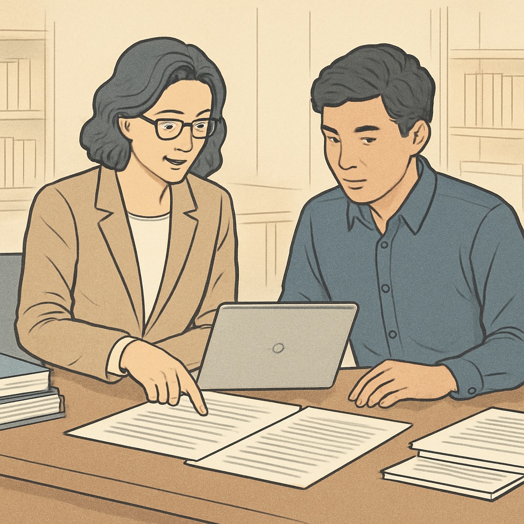 A professional consultant helping a student review documents for U.S. master's applications. A consultant and student reviewing documents for a U.S. master's application.
