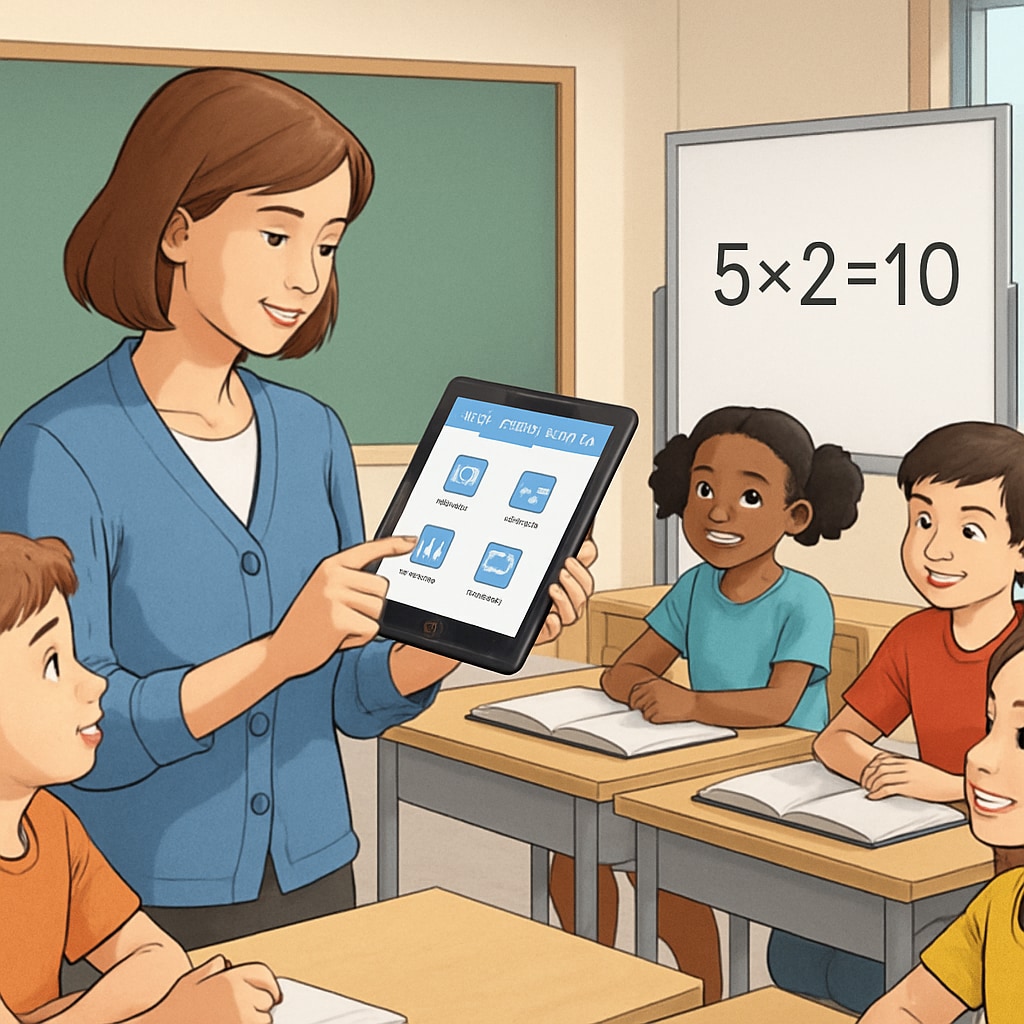 A classroom with a teacher using EdChanger Pro on a tablet, surrounded by engaged students. A teacher demonstrating EdChanger Pro in a K12 classroom setting.