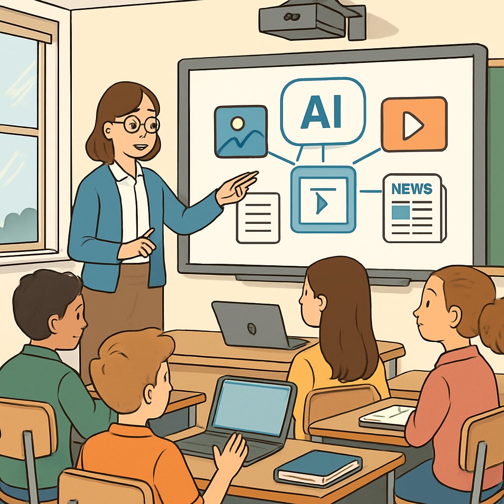 Teacher using AI tools for student media literacy education.