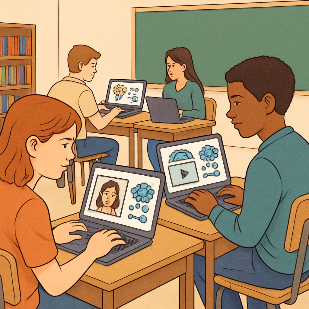 High school students using AI tools for media literacy analysis.