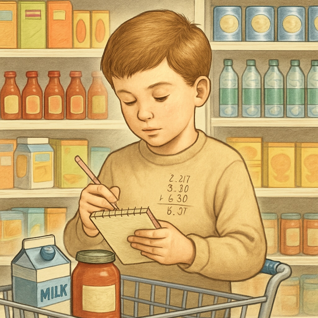 Child calculating cost of items while shopping, math in daily life.