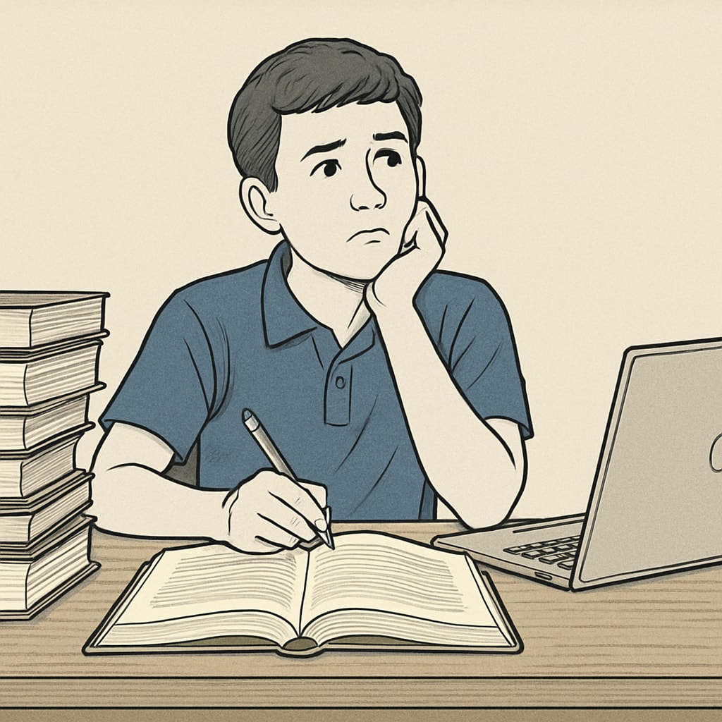 A thoughtful high school student surrounded by books and a laptop, symbolizing the process of exploring college majors. A high school student exploring college major options with a focus on math and science.