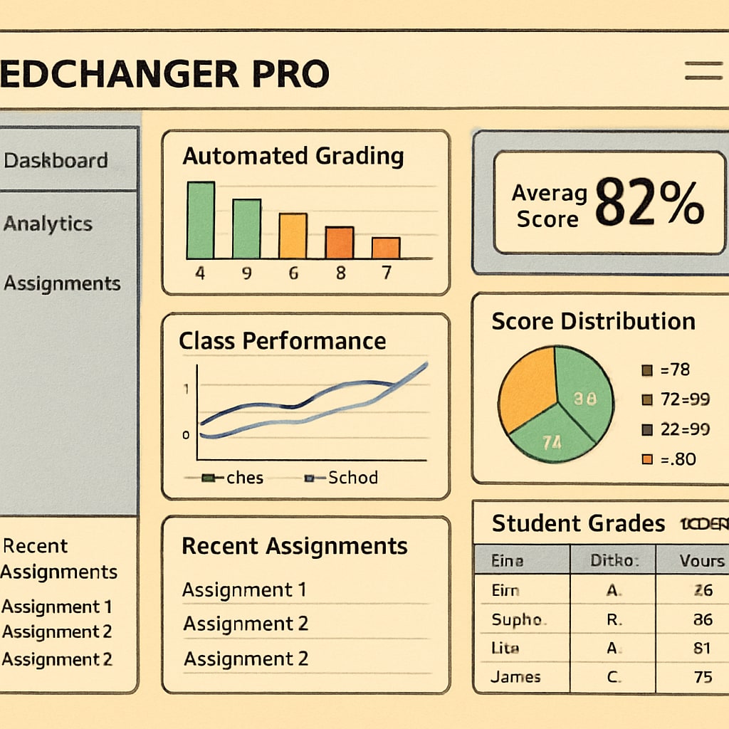 EdChanger Pro dashboard showing analytics and automated grading results for a K12 classroom. EdChanger Pro analytics and grading dashboard for K12 education.