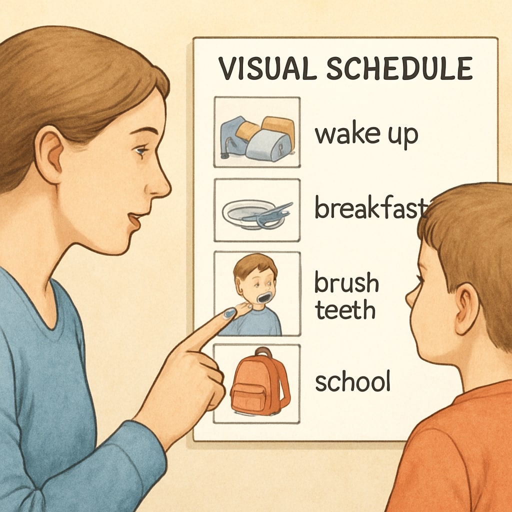 Parent and child interacting with a visual schedule, supporting executive function and ADHD challenges.
