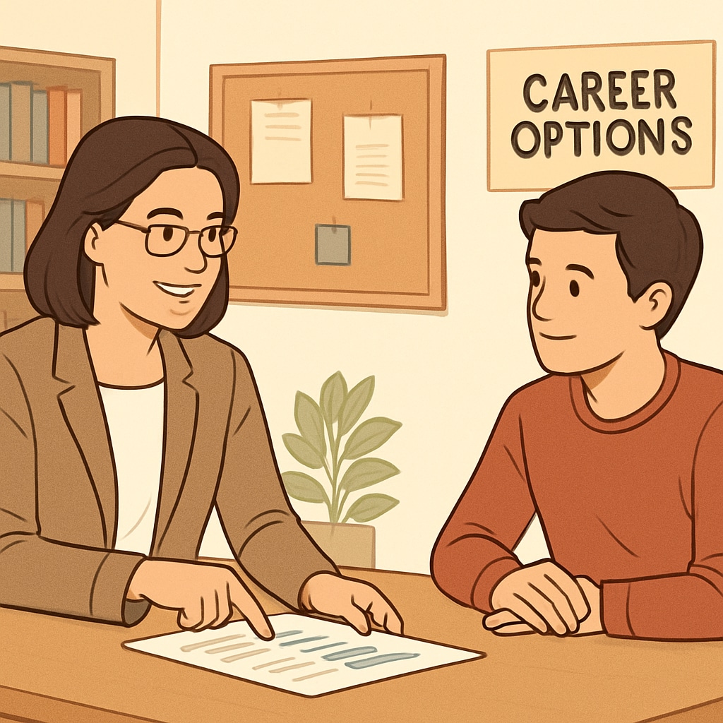 A career counselor discussing options with a high school student, emphasizing the importance of aligning interests with market demand. A career counselor helping a math enthusiast choose a college major.