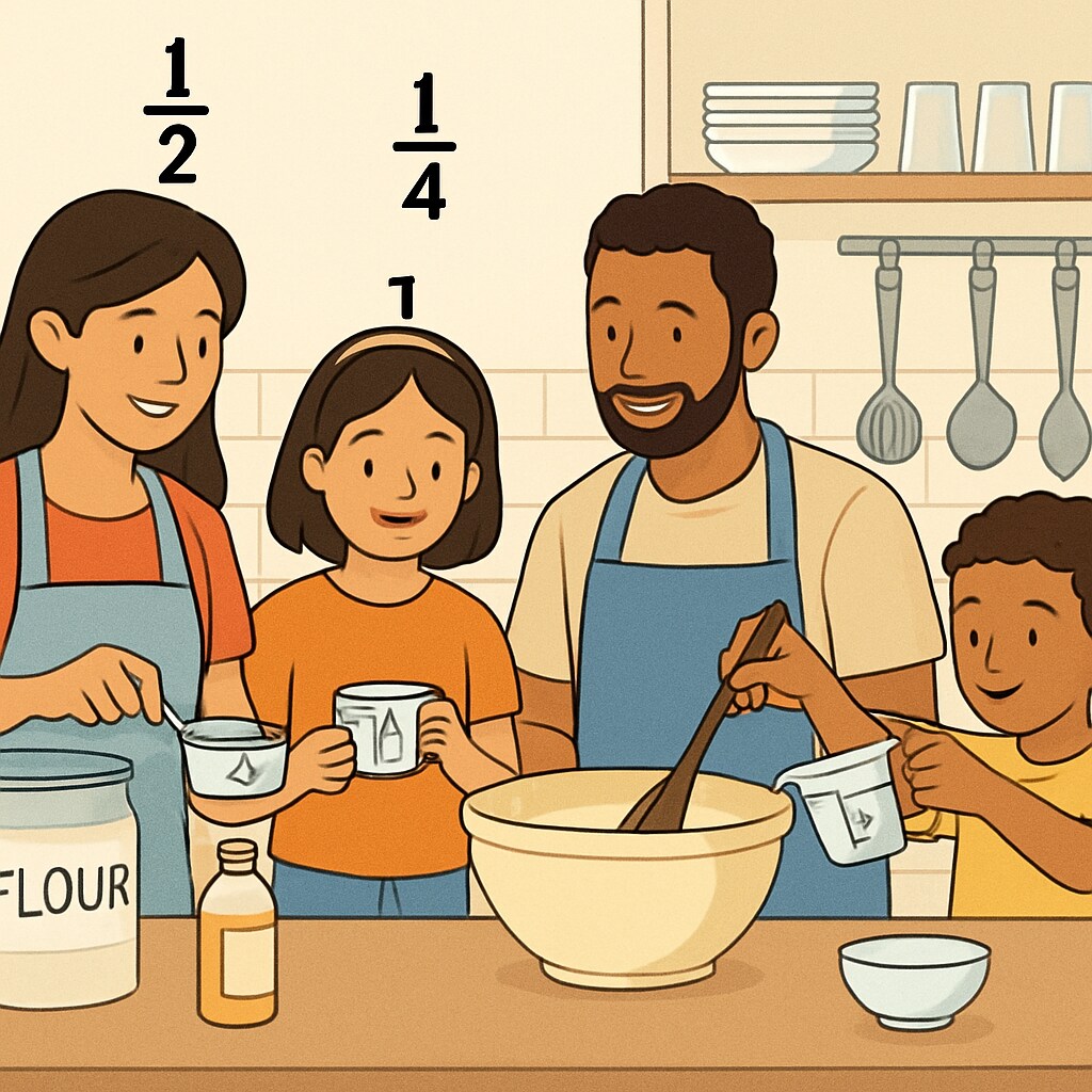 A family cooking together in the kitchen, measuring ingredients to demonstrate the use of fractions in everyday life. Family cooking and using fractions to measure ingredients, illustrating math in daily scenarios.