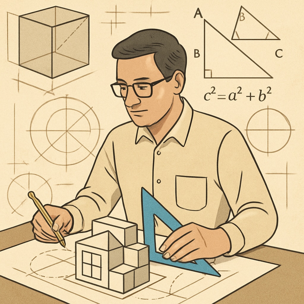 An architect using geometry to design a building, showcasing real-world applications of math. Real-world math application: an architect working on building geometry plans.