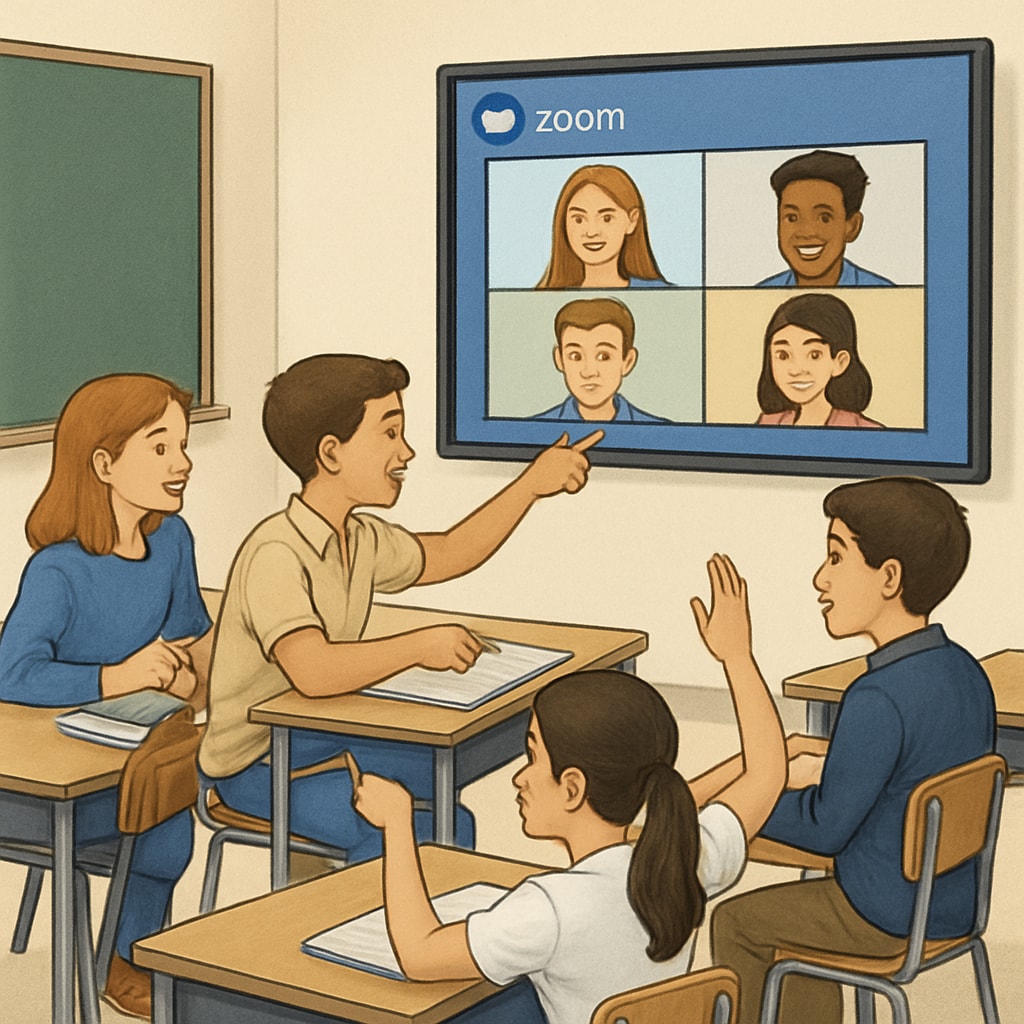 A detailed representation of students collaboratively working on a Zoom activity in a classroom setting, illustrating teamwork and engagement. Students working together on a Zoom activity without an official answer key.