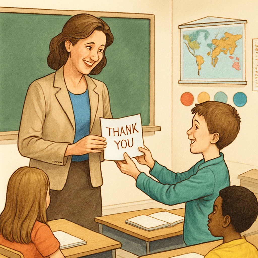 Teacher receiving a thank-you card from a student, symbolizing gratitude and connection in education.