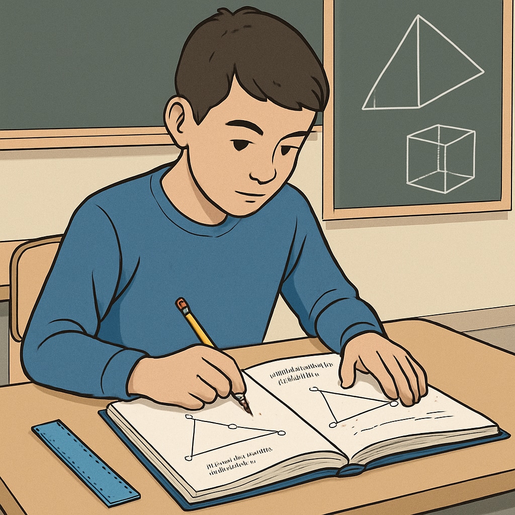 A student solving a geometry problem, emphasizing the development of spatial reasoning skills through math. Student working on geometry problems, showcasing cognitive skills gained through math education.