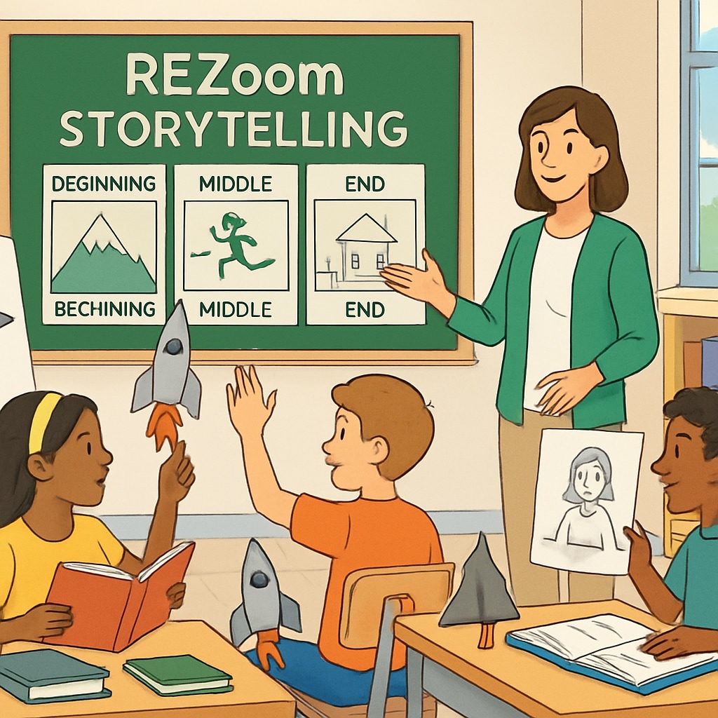 A creative visual representation of REZoom storytelling concepts used in a K12 classroom, showcasing innovative teaching methods. REZoom storytelling concepts applied in a classroom setting.