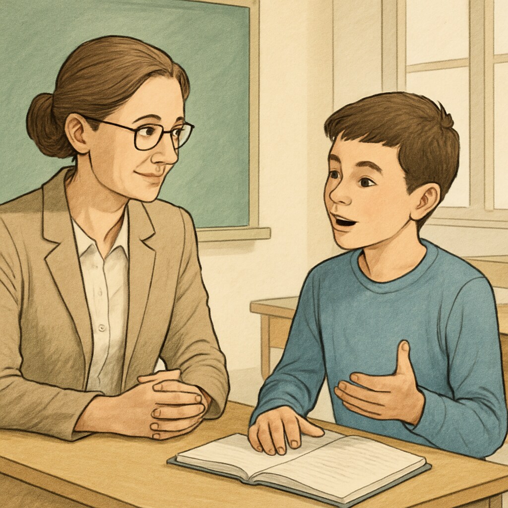 Teacher listening to a student during a discussion, highlighting respect and connection.