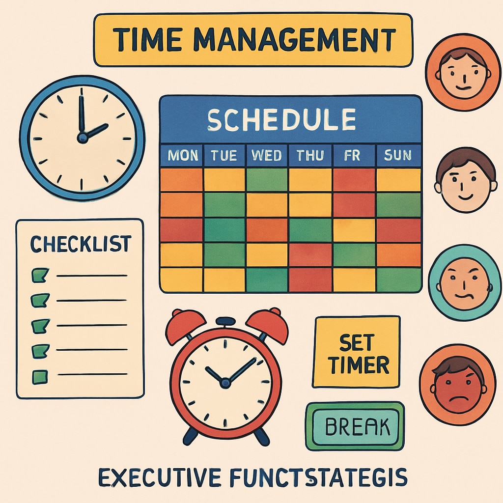 A colorful time management schedule or tools for emotional regulation, representing executive function strategies. Executive function strategies for ADHD, ASD, and special education