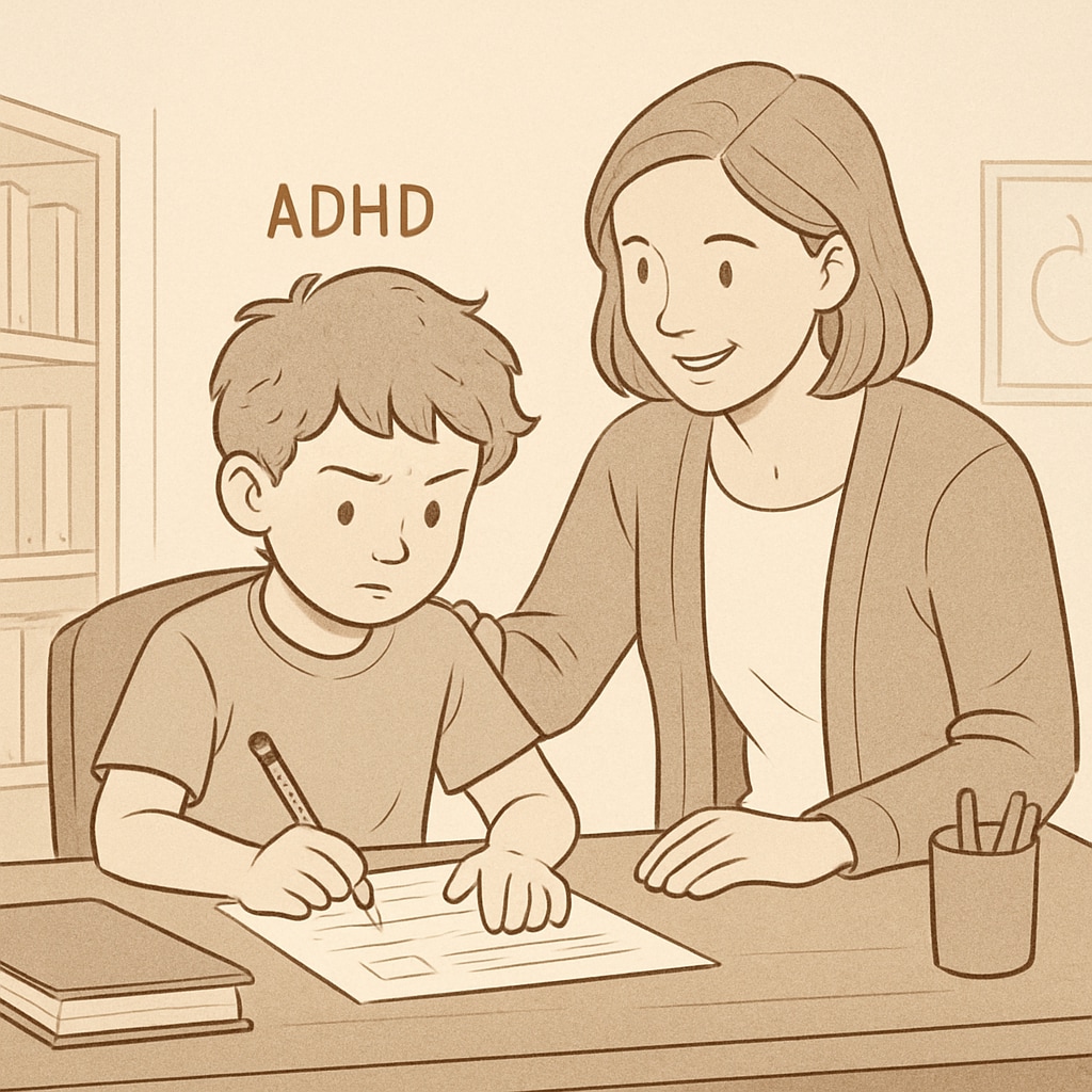 A child with ADHD working on a task alongside a supportive parent, illustrating executive function coaching at home. A child with ADHD and parent working together on executive function skills.