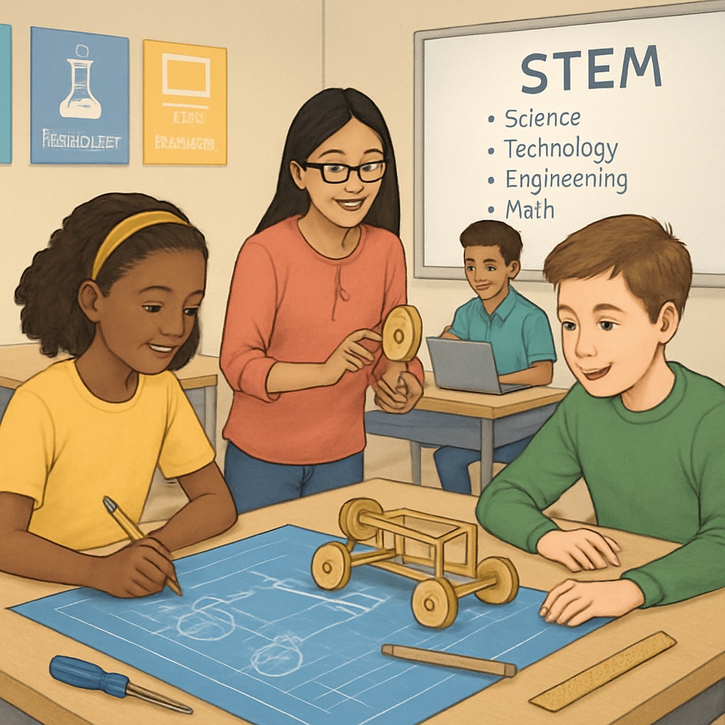 A classroom setting where K12 students collaborate on a STEM-focused design engineering project, showcasing teamwork and creativity. K12 students working on a design engineering STEM project